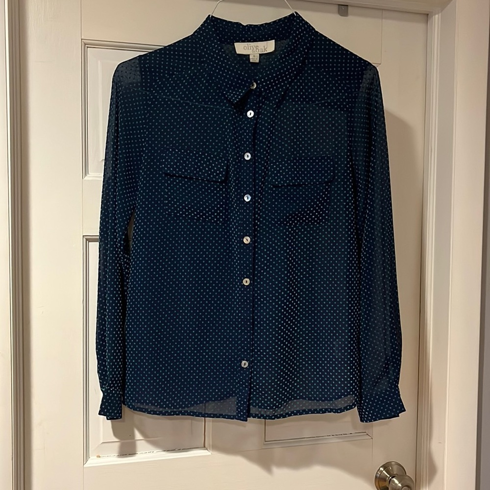 Olive and Oak button down shirt. Navy blue with green dots.